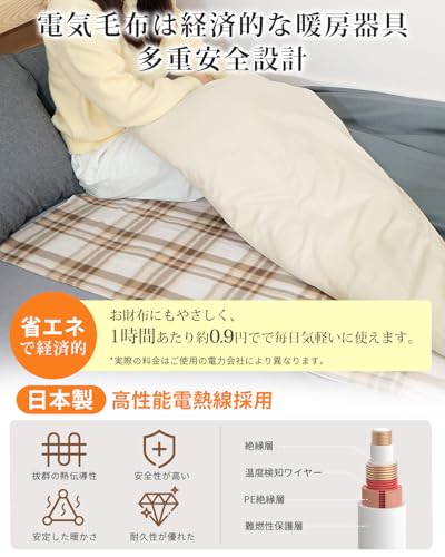 電気毛布 敷き 掛け兼用 切り忘れ防止タイマー付き 省エネ 55W AI過熱保護機能 節電 速暖 140×80cm 洗濯可能 電気ブランケット 電気毛布洗える 頭寒足熱 ダニ退治 4段階タイマー 5段階温度調整 防寒対策 肩掛け 膝掛け シングル 毛玉なし 暖房器具 キャンプ オフィス 車中泊 ギフト （チェック柄） 中間 画像
