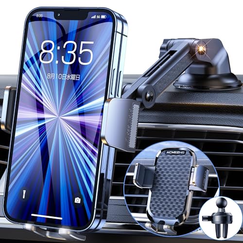 スマホホルダー 車 ACMEZING 車載ホルダー【業界改良3段クリップ式+3軸機械式伸縮アーム】 車 スマホスタンド カー用品 携帯ホルダー 車 エアコン吹き出し口＆超強力真空吸盤兼用2in1 片手操作 安定性拔群 車載スマホホルダー 自由調節 360度回転 車用スマホホルダー 手帳型ケース対応 車用品 日本語説明書付き iPhone/Android4-7インチ多機種と99%車種が対応 1枚目 画像