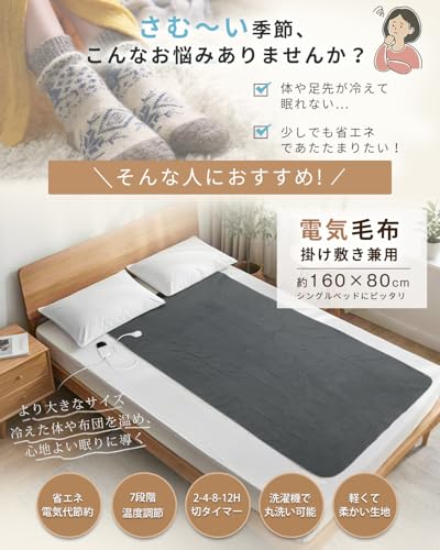 電気毛布 掛け敷き兼用 洗える【160x80cm 7段階温度調節 2-4-8-12H切タイマー】AI過熱保護 80W 節電 ダニ退治 電気ブランケット 速暖 省エネ 軽くて柔かい生地 肩掛け 膝掛け シングル 防寒対策 暖房器具 キャンプ オフィス 車中泊 ギフト PSE認証済み (グレー, 160*80CM) 最後 画像