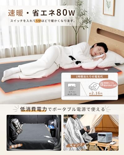 電気毛布 掛け敷き兼用 洗える【160x80cm 7段階温度調節 2-4-8-12H切タイマー】AI過熱保護 80W 節電 ダニ退治 電気ブランケット 速暖 省エネ 軽くて柔かい生地 肩掛け 膝掛け シングル 防寒対策 暖房器具 キャンプ オフィス 車中泊 ギフト PSE認証済み (グレー, 160*80CM) 中間 画像