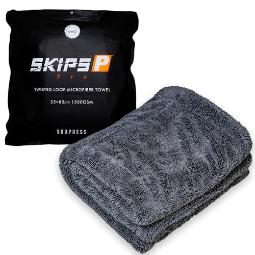 【所ジョージの世田谷ベース掲載】SURPRESS(サプレス) SKIPS Pro 洗車タオル マイクロファイバー クロス タオル 超吸水クリーニング 拭き上げ専用 一拭きで完結 ふちなし タグなし 傷つかない こだわり仕様 50cm×80cm, ダークグレー 1枚目 画像