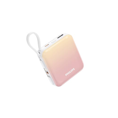 Philips (フィリップス) モバイルバッテリー 10000mAh 大容量 小型 携帯充電器 Lightning type-c ケーブル内蔵 22.5W 急速充電 タイプc ライトニング 4台同時充電 スマホ 充電器 持ち運び iPhone 16 / 15 Android iPad 各種機器対応 PSE認証済 (ピンク黄) Philips フィリップス モバイルバッテリー 10000mAh 実物画像・外観写真
