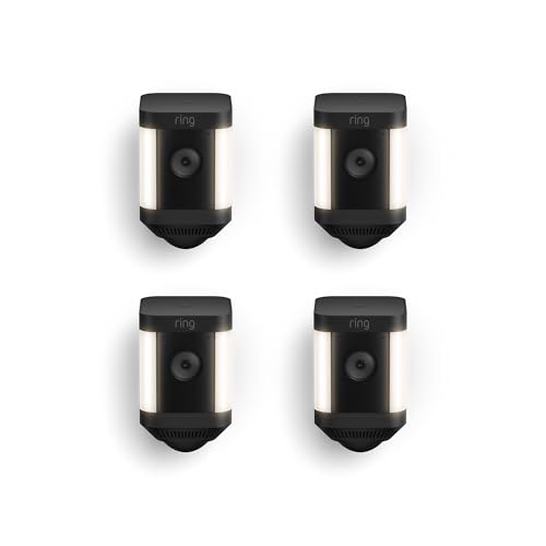 【カメラ4つセット】Ring Spotlight Cam Plus, Battery (リング スポットライトカム プラス バッテリーモデル) ブラック | センサーライト付き屋外カメラ、双方向音声、電球色LED | Ring Homeプラン30日間無料体験 Ring Spotlight Cam Plus バッテリーモデル 実物画像・外観写真