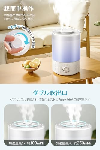 【2025年改良モデル・UVライト除菌】 加湿器 大容量 3.5L 超音波式 加湿器 卓上 おしゃれ アロマ対応 ダブル吹出口 上から注水 無階段ミスト調整 静音 54時間連続作動 吹出口360°調整 空焚き防止 水漏れ防止 寝室/オフィス/会社/家庭用 次亜塩素酸水対応 乾燥対策/花粉症対策 PSE認証済み 中間 画像