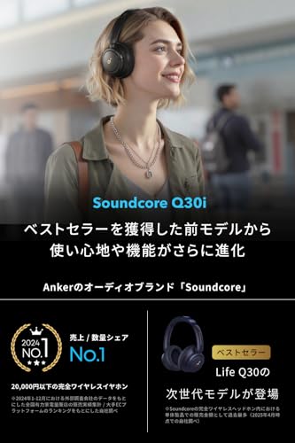 Anker Soundcore Q30i (Bluetooth5.3 ワイヤレス ヘッドホン）【ウルトラノイズキャンセリング/外音取り込みモード/Bluetooth対応/ハイレゾ対応(AUX接続時) / 最大80時間音楽再生 / マイク内蔵/専用アプリ対応】ネイビー 最後 画像