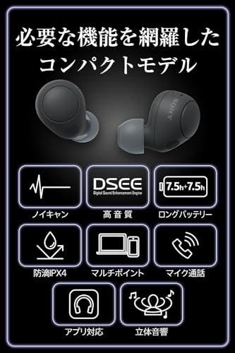 ソニー(SONY) 完全ワイヤレスイヤホン WF-C700N :高性能ノイズキャンセリング搭載/軽量・小型設計/音質アップスケール機能搭載/連続音楽再生時間最長 7.5時間/IPX4防滴性能/急速充電対応/クリアな通話性能/マルチポイント対応 ブラック WF-C700N BZ 中間 画像