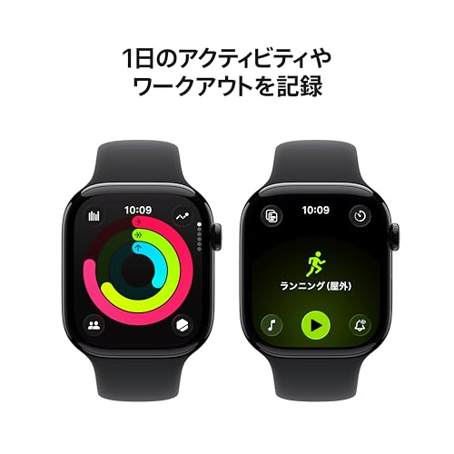 Apple Watch Series 11(GPSモデル)- 46mmジェットブラックアルミニウムケースとブラックスポーツバンド - M/L、睡眠時無呼吸、高血圧パターン、血中酸素、心電図、排卵推定、心拍数、服薬、マインドフルネス、ノイズ、睡眠スコア、転倒検出、IPX6X防塵、泳げる耐水、Suica対応、高速充電対応 中間 画像