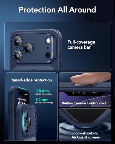 【3倍米軍MIL規格・MagSafe対応】ESR iPhone 17 Pro ケース ワイヤレス充電 ストラップホール付き エアガードコーナー 25W高速充電 Qi2.2対応 4H傷に強い背面 傷防止 滑り止め 指紋防止 耐衝撃 耐黄変 マグネットスマホケース いPhone17Pro ケース カメラコントロール iphone17pro用 Classicシリーズ フロストブルー 中間 画像