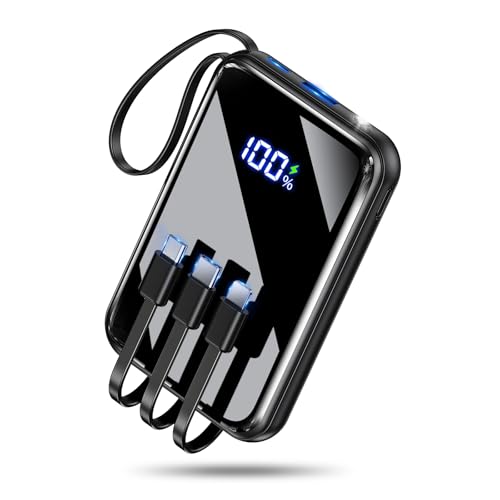 モバイルバッテリー 大容量【超小型サイズ・4本ケーブル内蔵】22000mAh大容量 モバイルバッテリー 軽量 小型 4台同時充電 LCDディスプレイ 鏡面デザイン 超軽量 持ち運びに便利 Type-C入力ポート＆USB-A出力ポート 携帯充電器 スマホ 充電器 LEDライト付き 機内持込可能 全機種対応 旅行/出張/アウトドア/停電/防災緊急用 モバイルバッテリー 大容量 実物画像・外観写真