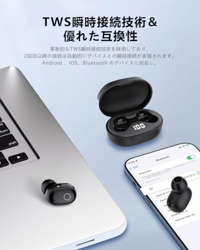 Bluetoothイヤホン ワイヤレスイヤホン IPX7防水 最大60時間再生 2026年最新Bluetooth6.0ブルートゥースイヤホン 全音域HIFI音質低遅延接続瞬時 片耳/両耳 WEB会議/運動/ゲーム/通学通勤/スポーツ/音楽用iPhone/Android対応 (002 black) 中間 画像