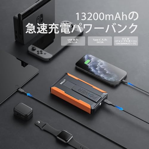 UTRAI ジャンプスターター 12V車用 エンジンスターター 車緊急始動 2000Aピーク電流 6.5Lまでのガソリン車 5.5Lまでのディーゼル車対応 モバイルバッテリー機能 LEDライト搭載 PSE認証済み 中間 画像