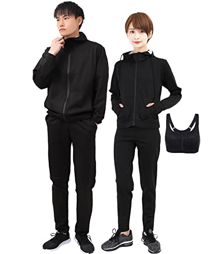 [Smarty] 世界代表選手も愛用&動画付 サウナスーツ レディース メンズ ダイエット 上下セット ３点セット 洗濯可 大量発汗 ランニング ウォーキング スポーツブラ付 エクササイズ (ブラックMens, Large) Smarty サウナスーツ ダイエット 実物画像・外観写真