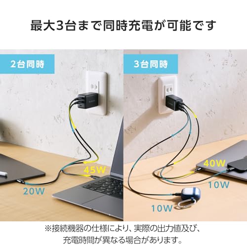 エレコム 充電器 合計65W 3ポート Type-C USB PD対応 スイング式プラグ採用 ブラック EC-AC11267BK 中間 画像