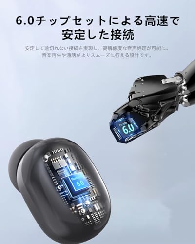 Bluetoothイヤホン ワイヤレスイヤホン IPX7防水 最大60時間再生 2026年最新Bluetooth6.0ブルートゥースイヤホン 全音域HIFI音質低遅延接続瞬時 片耳/両耳 WEB会議/運動/ゲーム/通学通勤/スポーツ/音楽用iPhone/Android対応 (002 black) 最後 画像