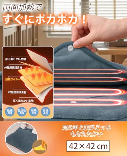 2025年改良型 電気足温器 フットウォーマー 42×42cm【両面加熱・30℃～55℃無段階温度調節・ECOモード運転】足入れタイプ ホットマット 一人用 電気マット 省エネ 暖房器具 あったかグッズ ミニホットカーペット 足元ヒーター ふわふわ手触り 厚手 保温性強い 冷気侵入防止 丸洗い可 通気 抗菌 防臭 過熱保護 中間 画像