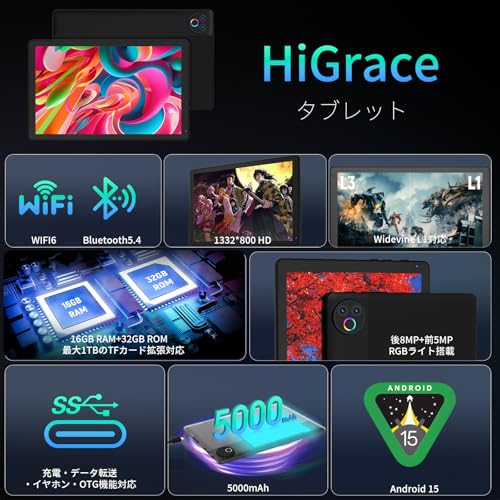 タブレット - HiGrace 10インチ Android15 Wi-Fi6モデル 1332*800 IPS画面 RGBライト搭載 16GB+32GB+1TB拡張 Bluetooth5.4 5000mAhバッテリー アンドロイド タブレット Type-C OTG 無線投影 顔認識 Widevine L1 GMS認証 日本語説明書 最後 画像
