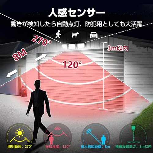 アセキ ソーラーライト 屋外 防水 センサー 2個セット【極高輝度・210LED・3面発光・業界最大3000ルーメン】3つ知能モード 2200mAh大容量バッテリー 人感センサー 360°角度調整可能 防犯 自動点灯/消灯 ガレージ/ガーデン/壁掛け/庭先/表玄関/駐車場/停電時適用 防災/地震/津波/台風/防災対応 ブラック 中間 画像