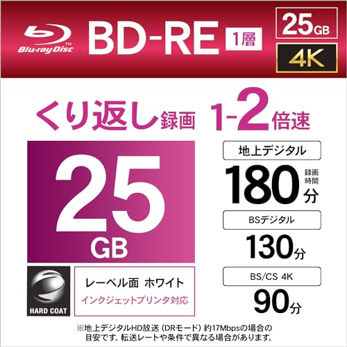 Verbatim バーベイタム くり返し録画用 ブルーレイディスク BD-RE 25GB 【50枚+3枚増量パック】 インクジェットプリンタ対応 ホワイト 片面1層 1-2倍速 VBE130NP53SV4 中間 画像