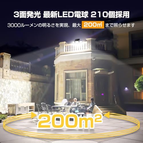 アセキ ソーラーライト 屋外 防水 センサー 2個セット【極高輝度・210LED・3面発光・業界最大3000ルーメン】3つ知能モード 2200mAh大容量バッテリー 人感センサー 360°角度調整可能 防犯 自動点灯/消灯 ガレージ/ガーデン/壁掛け/庭先/表玄関/駐車場/停電時適用 防災/地震/津波/台風/防災対応 ブラック 最後 画像