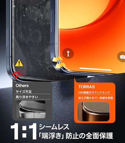 TORRAS フィルム For iPhone 17 ガラスフィルム 航空宇宙ガラス 周り浮きゼロ 9H+硬度 米軍MIL規格 全面保護 10倍強化 極細ベゼル対応 ラウンドエッジ 超簡単貼り付け ワンプル(Just One Pull) ガイド枠付き 気泡レス 指紋防止 サラサラ 落下・破損防止 2枚セット 6.3インチ いphone17 用 保護フィルム GlassGo Ultra 中間 画像