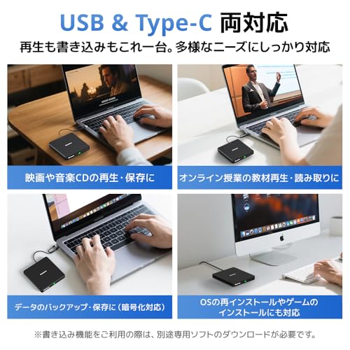 【2025新定番・高速読取×低騒音】 cd dvdドライブ 外付け dvd ドライブ 外付け cdドライブ 光学ドライブ USB-A ＆ type-c 両対応 読み込み 書き込み可能 取り込み 低騒音 薄型 パソコン PC mac windows11対応 M-DISC対応 多様ディスク対応（ CD-ROM CD-R DVD-R ..など）※TV/車/ブルーレイ非対応 中間 画像