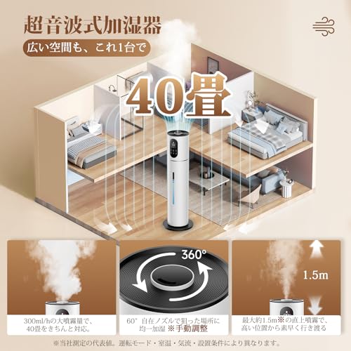 加湿器 大容量 8L タワー式 【除菌・抗菌・自動恒湿・アロマ対応】 かしつき 上から給水 超音波式 300ml/h加湿量 切タイマー スリープモード 吹出口360° 空焚き防止 水漏れ防止 花粉 乾燥対策 省エネ 寝室/リビング/オフィス 40畳 業務用 家庭用 お手入れ簡単 リモコンき pcs 中間 画像