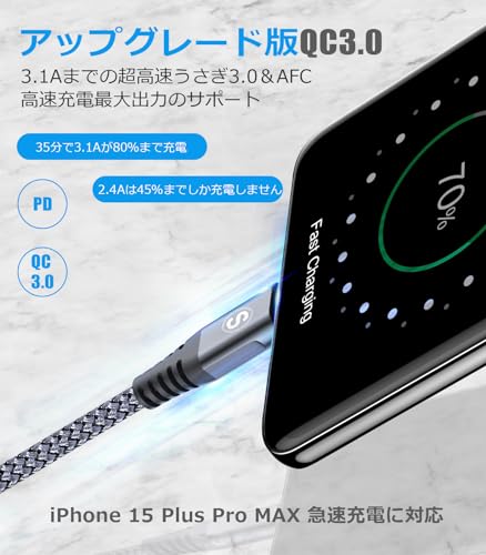 USB Type C ケーブル【2M/2本セット】Sweguard USB-C & USB-A 3.1A USB C ケーブル【QC3.0対応 急速充電】 タイプc 充電 iPhone17 16/iPhone 15 Pro MAX, iPad Pro,Samsung Galaxy S25 /S24/S23/S22/S21/S20,Sony,Xiaomi,Pixel,Type-c機種対応(灰) 最後 画像