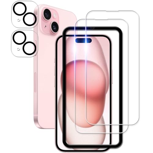 KPNS 日本素材製 強化ガラス iPhone15 用 ガラスフィルム アイフォン15 カメラフィルム カバー いphone15 保護フィルム【2+2枚セット】ガイド枠付き 1枚目 画像