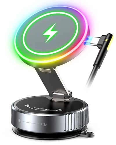 スマホホルダー 車 ワイヤレス充電【2026初登場・話題中】車スマホスタンド マグネット 15W急速充電 Mag-safe対応 N55超強磁力 真空吸盤 360° 回転 多角度調整 LEDライト 高級合金素材 折りたたみ式車載用ホルダー iPhone/Android全対応 スマホホルダー 車 ワイヤレス充電 実物画像・外観写真