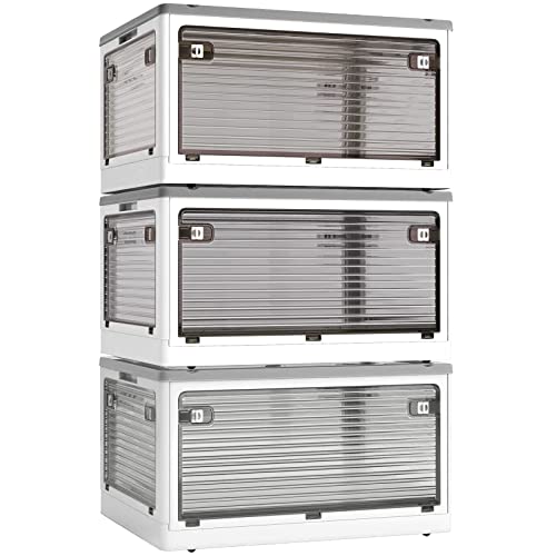 X XUNTAO【収納ボックス 折りたたみ】蓋付き 積み重ね 全方向から取り出せる 3個セット 収納ケース 衣類 布団 小物 収納 折り畳み コンテナ ボックス 大型 プラスチック キャスター付き おしゃれ 組立簡単 防塵 防カビ 防湿 無臭 半透明 厚み 強い耐荷重 大容量 家庭用 車用 複数のサイズ 各種カラー(M3個セット,47.5cm*35.5cm*24cm,40.5L) 1枚目 画像