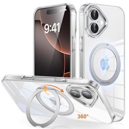 iPhone 16 用 ケース Magsafe対応 ワイヤレス充電 360°回転スタンド 縦横両対応 Gunwon スマホケース iphone16 用 米軍規格 耐衝撃 半透明 マット感 マグセーフ 防指紋 リング マグネット搭載 アイフォン16 用 カバー「クリア」 iPhone 16 用 ケース Magsafe対応 実物画像・外観写真