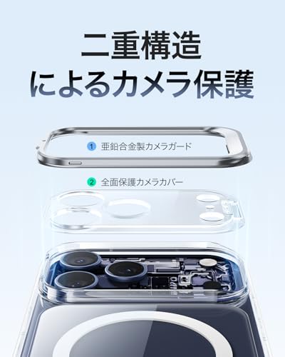 【デザイン受賞シリーズ!】ESR iPhone 17 Pro Max ケース MagSafe対応 3倍米軍MIL規格 カメラボタン付き 隠しスタンド 調整可能 ワイヤレス充電 エアガードコーナー 耐衝撃 傷防止 軽量 マグネット 高耐久性 Qi2.2対応 最大25W高速充電 いphone17promaxケース アイフォン17プロマックス専用Classicシリーズ(クリア) 中間 画像