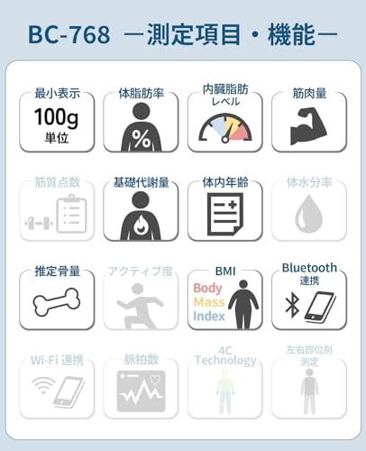 タニタ(Tanita) 体重 体組成計 スマホ連動 ヘルスメーター BC-768 ホワイト【体脂肪率/内臓脂肪レベル/筋肉量/基礎代謝量/体内年齢/推定骨量/BMI/スマホ連動/乗るピタ】 中間 画像