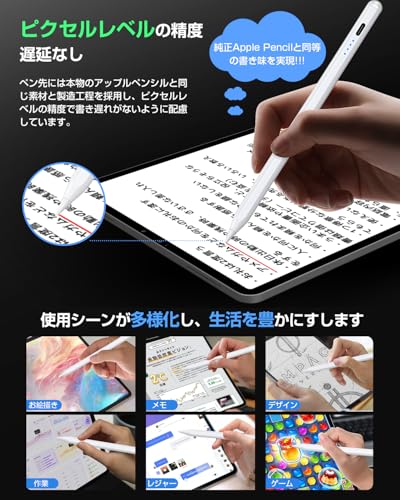 KINGONEタッチペン スタイラスペン 超高精度 【 2026 革新版 全機種対応 超高速充電】1MM極細 アップルペンシル互換ペン 誤ON/OFF防止/電量表示/傾き検知/二重磁気吸着機能対応 iPad用ペンシル 軽量 耐摩 耐久 iPad/iPhone/Android/スマホ/タブレット対応タッチペン (ホワイト) 中間 画像