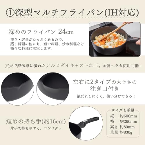 貝印 KAI 深型 マルチ フライパン 24cm ガス火 IH対応 ドーム型 フライパンカバー 2段 調理 蒸し皿 湯切り すくい ザル 4点 セット 093RC1087 中間 画像