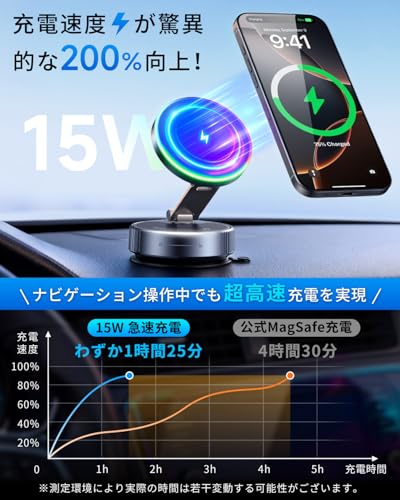 スマホホルダー 車 ワイヤレス充電【2026初登場・話題中】車スマホスタンド マグネット 15W急速充電 Mag-safe対応 N55超強磁力 真空吸盤 360° 回転 多角度調整 LEDライト 高級合金素材 折りたたみ式車載用ホルダー iPhone/Android全対応 最後 画像