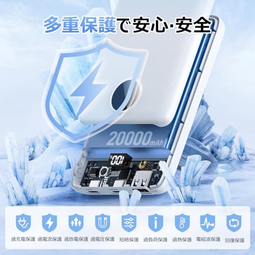 モバイルバッテリー大容量 20000mAh 【2025新登場·超薄型】モバイルバッテリー 軽量 小型 急速充電 3台同時充電 スマホ充電器 Type-Cポート出入力 2.4A 急速充電 コンパクト持ち運び便利 PSE技術認証済 安全回路保護 機内持ち込み可/出張 携帯充電器 スマホ充電 iPhone/Android/iPad/AirPodsなど各種対応 (ホワイト) 中間 画像