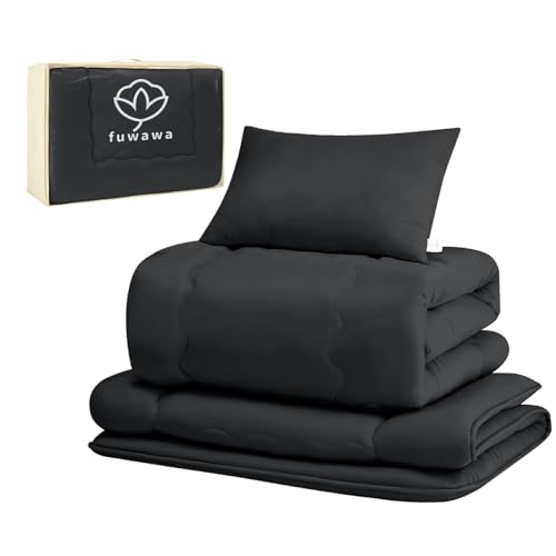 fuwawa 布団セット セミダブル 布団4点セット SEK認証 防臭 寝具セット【ボリューム増量 中綿1.8kg 掛け布団】 【高密度固綿入り三層 敷布団】枕 来客用布団セット 収納ケース付き 組布団 ホコリが出にくい ふとんセット ピーチスキン加工 一年中使える ブラックの外観・全体像 画像