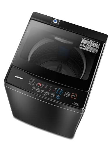 COMFEE' 洗濯機 5.5kg 一人暮らし 1-3人用 全自動洗濯機 ステンレス槽 風乾燥 予約機能 部屋干し ガラスドア コンパクト 家電 節水 静音設計 省スペース 槽洗浄 透明ドア 黒 金属グレーCAC06EW55/T-S1 1