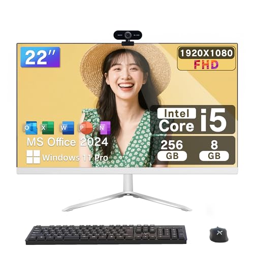 VETESA デスクトップパソコン 22型1920x1080フルHD非光沢・IPS液晶 一体型パソコン Core i5 8GB メモリ 256GB SSD MS Office 2024搭載 Windows 11Pro 一体型PC WEBカメラ/キーボードとマウス付属の外観・全体像 画像