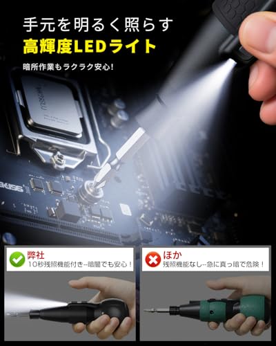 【Amazon.co.jp限定】 Yacooda 電動ドライバー 小型 【2025新登場・超軽量・収納ケース付き】 軽量 充電式ドライバー 1800mAh 超硬S2鋼ビツト 16本付 電動4N.m 手動15N.m 正逆転切り替え ブレーキ機能付 高輝度LEDライト DIY用 家庭用 初心者・女性向け 日本語取扱説明書付き ブラック GL-08の特徴・詳細 画像