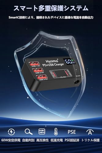 【超Ｍiniサイズ 2025新型】シガーソケット車載充電器 PD45W/PPS対応 急速 総60Ｗ 5台同時充電可能 LEDデジタル画面表示 12/24V車対応 Type-C *2 USB-C*3 急速充電 コンパクト スマートフォン iPhone/iPad/Galaxy/AQUOS/Xperia対応 カー用品 高温/電流/電圧保護の特徴・詳細 画像