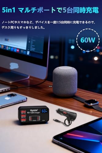 【超Ｍiniサイズ 2025新型】シガーソケット車載充電器 PD45W/PPS対応 急速 総60Ｗ 5台同時充電可能 LEDデジタル画面表示 12/24V車対応 Type-C *2 USB-C*3 急速充電 コンパクト スマートフォン iPhone/iPad/Galaxy/AQUOS/Xperia対応 カー用品 高温/電流/電圧保護の詳細・まとめ 画像