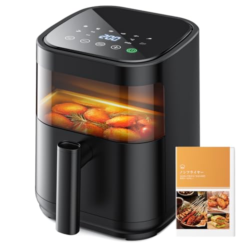 ノンフライヤー 3L エアーフライヤー air fryer ノンオイル 電気フライヤー 揚げ物・惣菜調理機 1~2人用 nồi chiên không dầu 可視窓付き LEDタッチパネル 温度調整/タイマー 日本語説明書・レシピ付き PSE認証済の外観・全体像 画像