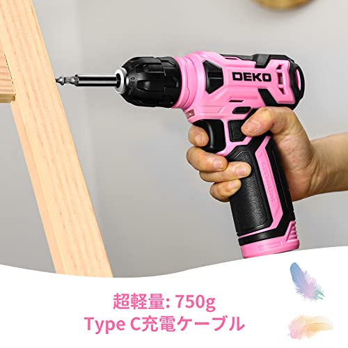 DEKO 8V 電動ドリル ドリルドライバー 9.5mm キーレスチャック 42点組付属品付き LEDランプ Type-C充電ケーブル付き 電動穴あけ ネジ締付工具(ピンク)の特徴・詳細 画像