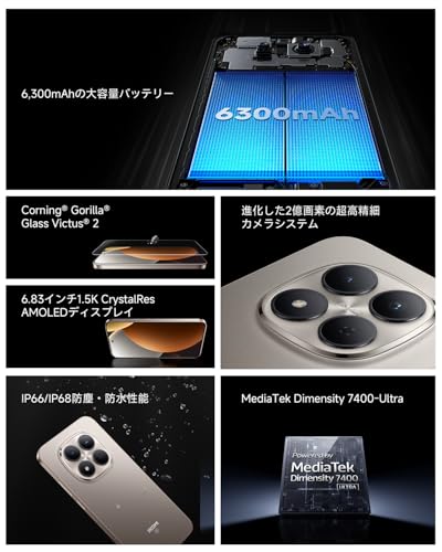 シャオミ(Xiaomi) SIMフリー スマートフォン REDMI Note Pro 15 5G 8+256GB 6.83インチ1.5Kディスプレイ 2億画素 AIカメラ MediaTek Dimensity 7400-Ultra 6,300mAh大容量 6年間寿命バッテリー 45Wターボチャージ Felica搭載 IP66/IP68 防塵防水 チタングレーの詳細・まとめ 画像