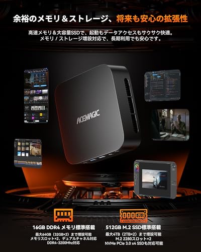 ACEMAGIC ミニpc Ryzen 5 7430U 6C/12T 最大4.3GHz 16GB DDR4 512GB SSD mini pc ryzen 4K60Hz 小型pc 3画面出力 ミニパソコン Windows11 Pro WiFi 6 Bluetooth 5.2 Vesa対応 メモリ＆SSD増設可能 小型パソコン 静音放熱の特徴・詳細 画像