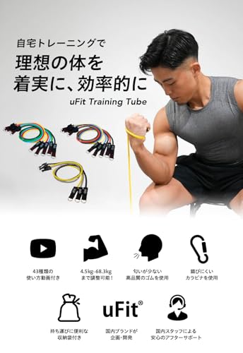 【日本国内メーカー】uFit Training Tube トレーニング チューブ 強度別5本セット 最大 45.5kg プロアスリート 水谷隼 愛用 ハンドル ドアアンカー 足首バンド 収納袋 天然ゴム 使い方動画の特徴・詳細 画像
