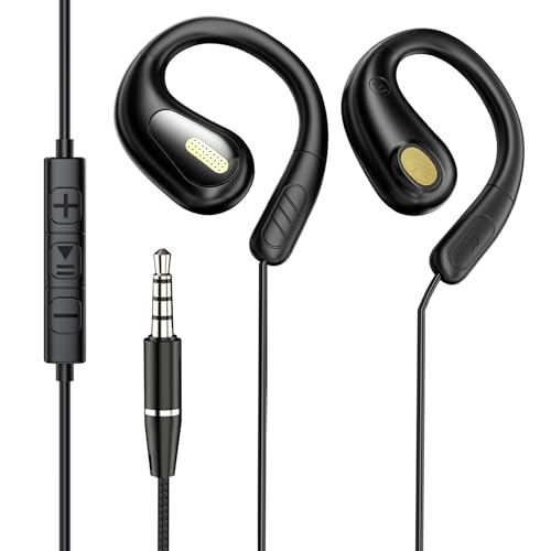 オープンイヤー イヤホン 有線 マイク付き 3.5mm ヘッドホン 耳掛け 耳を塞がない ながら聴き 開放型 イヤホンマイク 着信対応 音量調整 潔癖症の方に スポーツ/デスクワーク/アウトドア ブラックの外観・全体像 画像