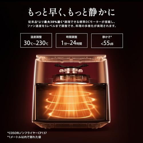 COSORI コソリ ノンフライヤー 6L大容量 家庭用 エアフライヤー DCモーター 高速 最高温230℃ タイマー air fryer 発酵 揚げ物 ポテト 専用レシピ付き ブラック CAF-DC601の特徴・詳細 画像